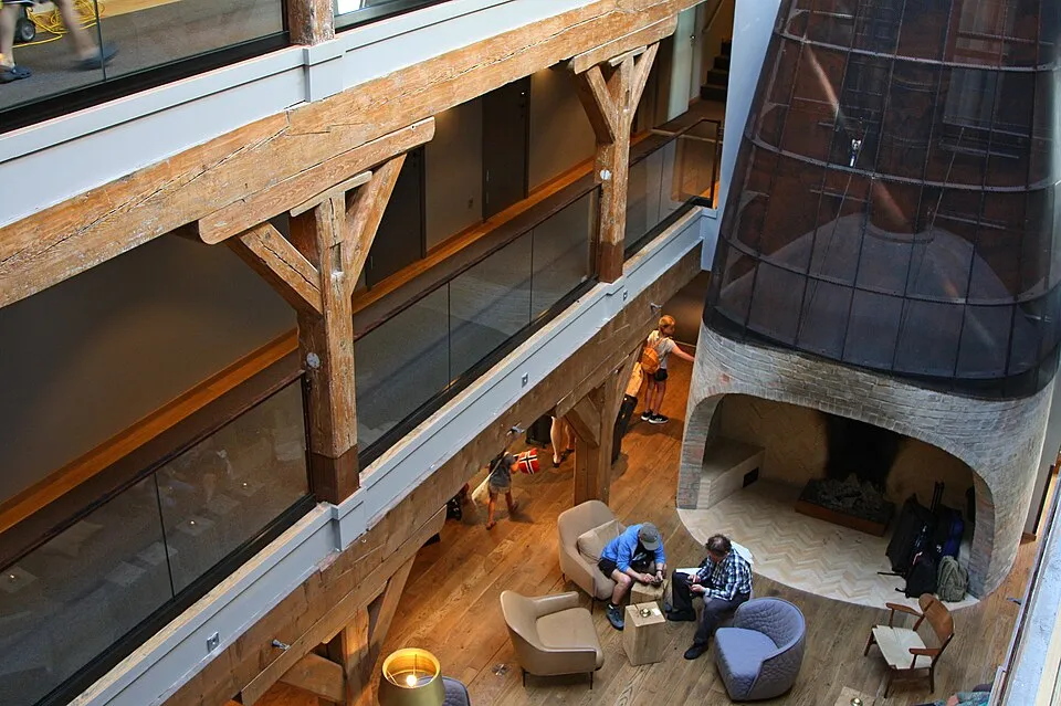 The warehouse lobby fireplace