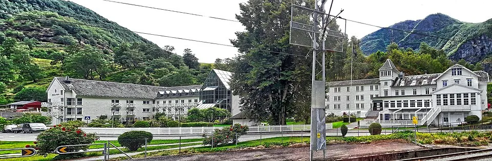 The hotel and its white tower at Flåm