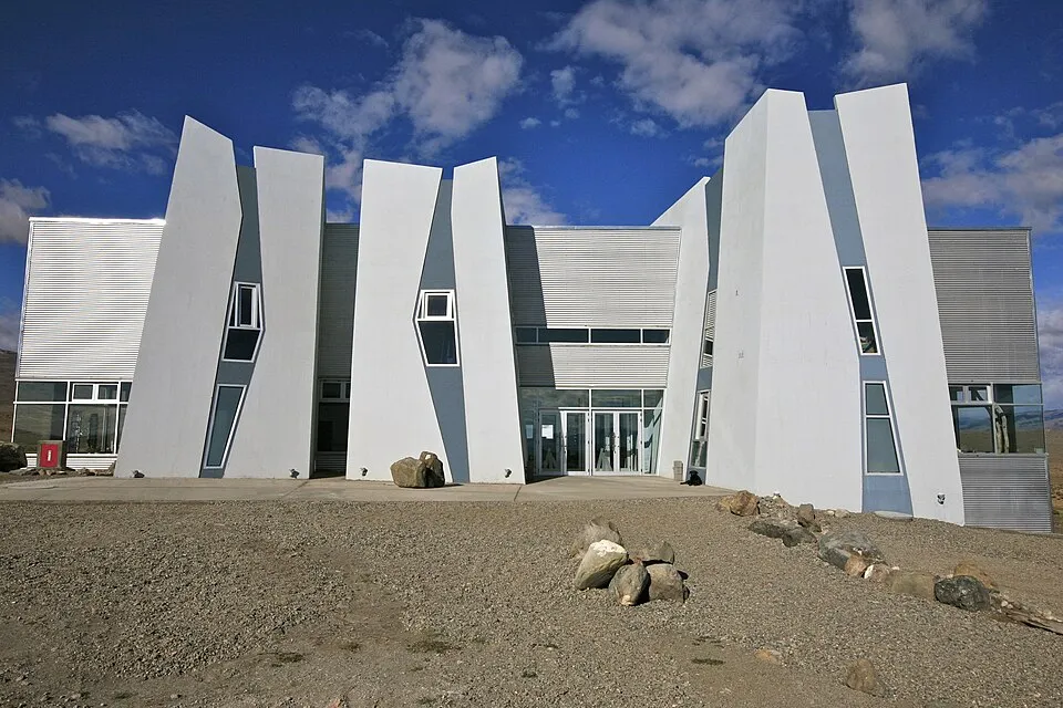 The angular Glaciarium building on the steppe