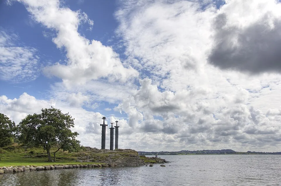 The three swords at the Hafrsfjord shore