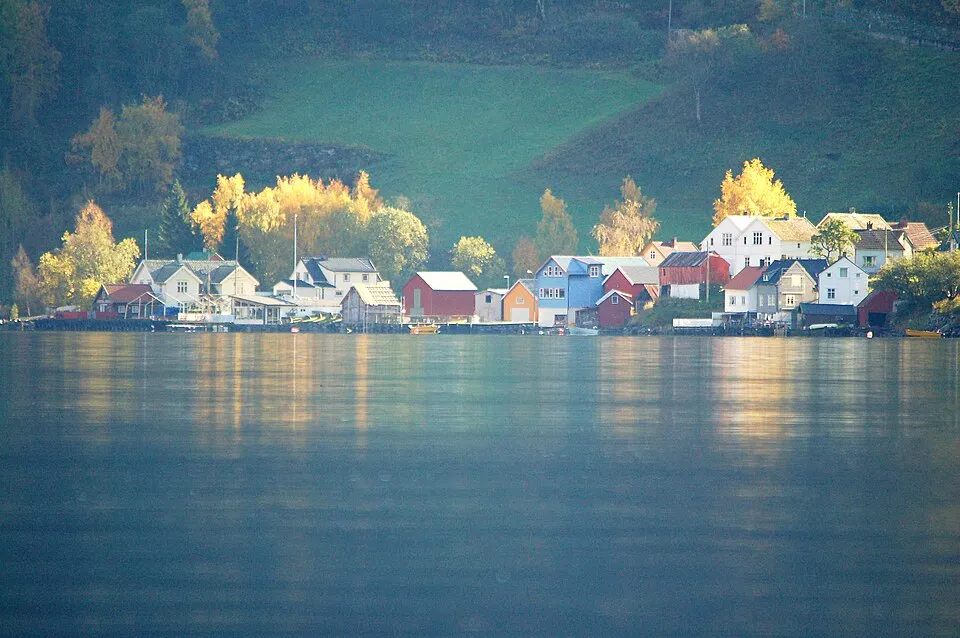 The village and white church on the Aurlandsfjord