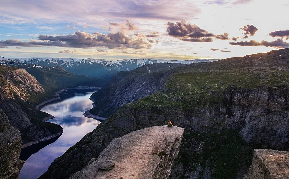 The Trolltunga ledge at sunset — where the route tops out